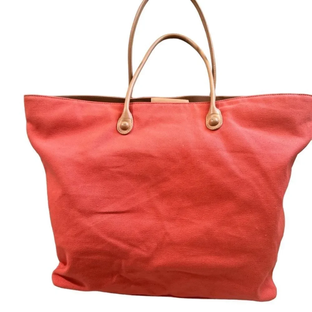 TUSK ITALIAN ORANGE BLUSH CANVAS TOTE HUGE W LARGE FRONT POCKETS, LEATHER STRAPS - Picture 9 of 11